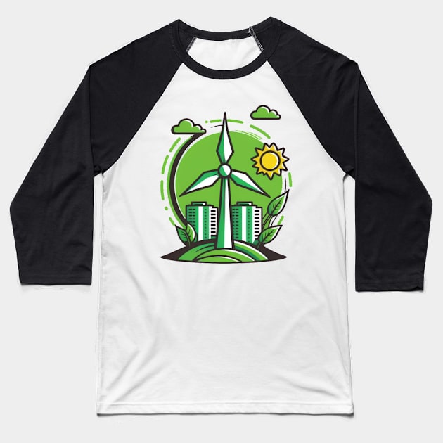 Green City Vibes: Get Powered by Renewables with our Cartoon Wind Turbine Design Baseball T-Shirt by Greenbubble